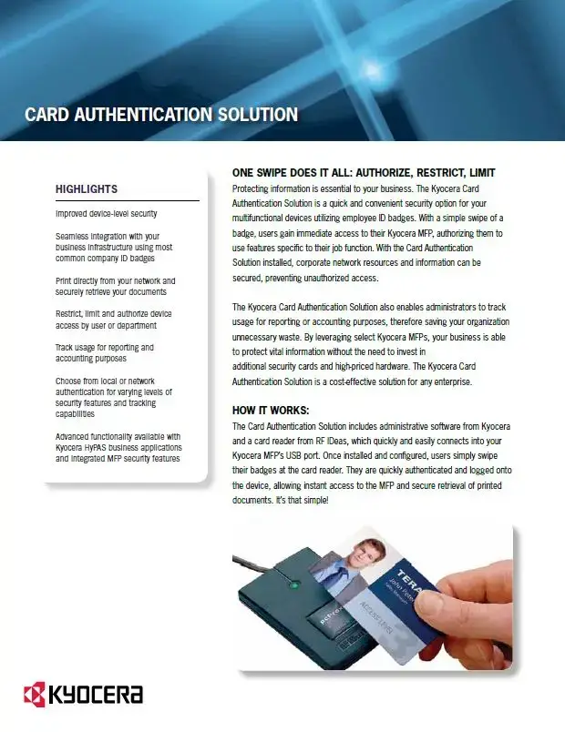Kyocera, Software, Cost Control, Security Card Authentication, Morgan Business Solutions